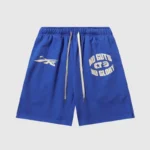 Hellstar No Guts No Glory Shorts are blue athletic shorts with white drawstrings, featuring the logo and bold white lettering of the phrase "No Guts No Glory.