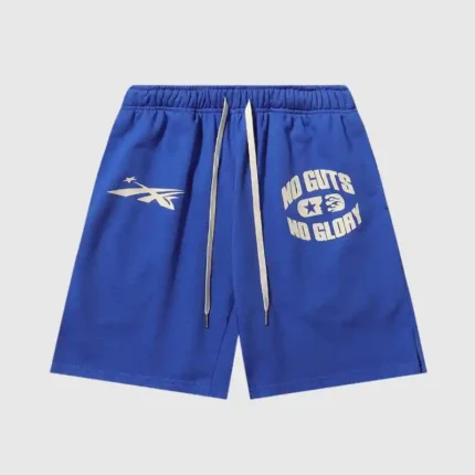 Hellstar No Guts No Glory Shorts are blue athletic shorts with white drawstrings, featuring the logo and bold white lettering of the phrase "No Guts No Glory.