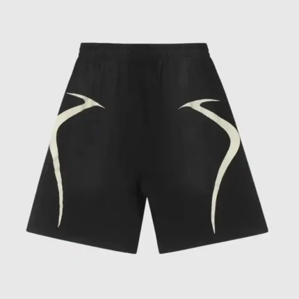 The Hellstar Warm Up Shorts 'Black' feature an elastic waistband and display a white abstract curved line design on each side, contrasting with a plain black background.