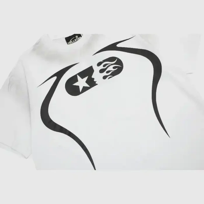 The Hellstar Warm Up T-Shirt features a bold black design with a stylized pill, enhanced by a star and flame, surrounded by dynamic curved lines—an ideal addition to elevate your casual wardrobe.