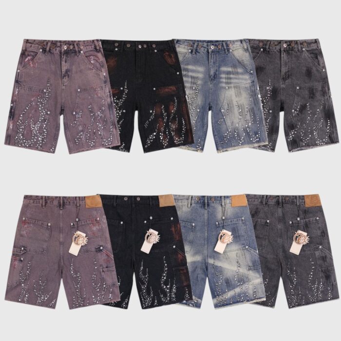 Hellstar Flame Studded Denim blue/ pink /gray Shorts