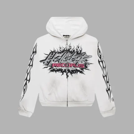 White zip-up hoodie with black flame graphics on the sleeves and a Hellstar Records emblem on the chest