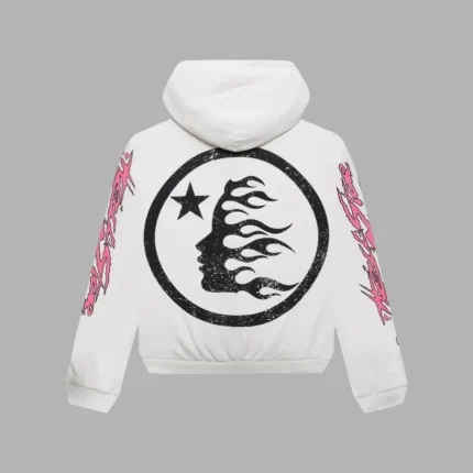 Back view of a white hoodie with a black circular logo of a flaming head profile and star, with pink text on the sleeves